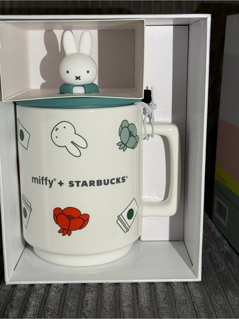 Starbucks x miffy White Mug with Teal Lid and Red Floral Accent